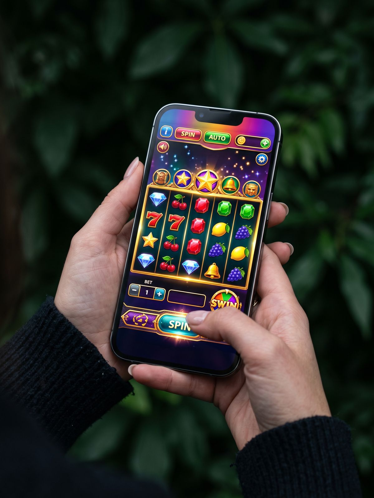 Smartphone met casino spel op donkere achtergrond