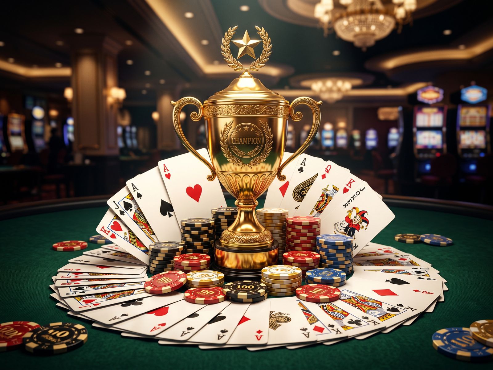 Casino toernooi met trofee en gouden accenten